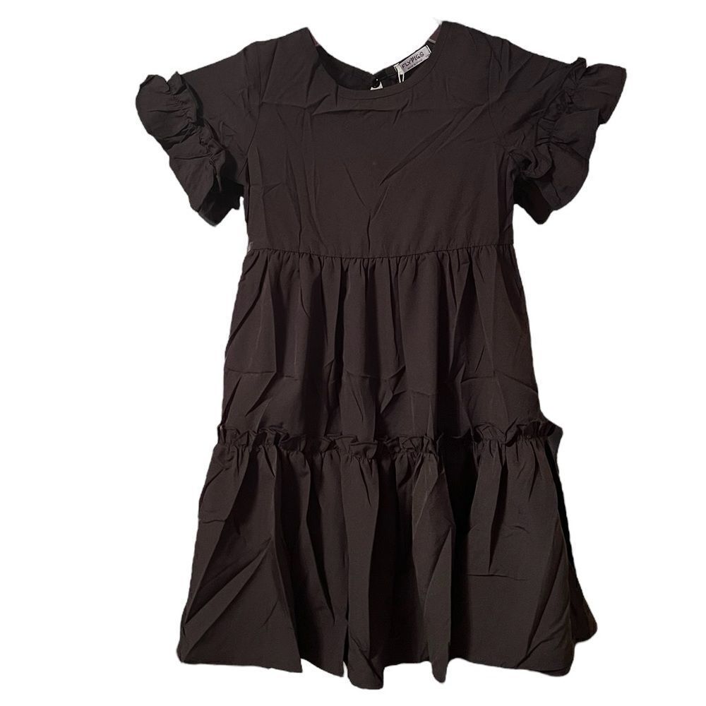 Girl’s Ruffle Short Sleeve Tiered Summer Dress In Black Size 5-6 Years